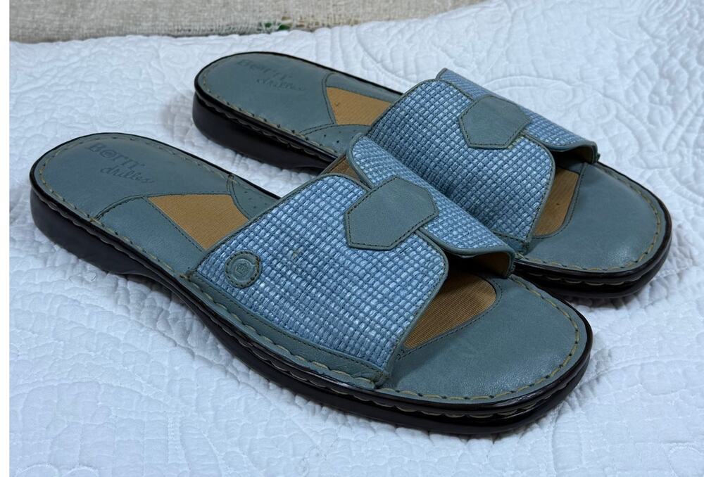 Born Women 10 Blue Drilles Leather Slip On Comfort Slide Sandals Casual Shoes